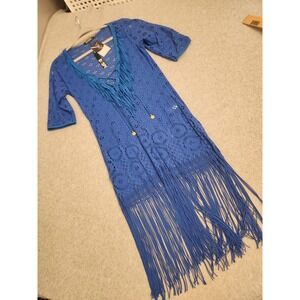 Despi Fringe Crochet Tunic Womens Medium Ocean Blue Swim Cover Up Beach Boho New